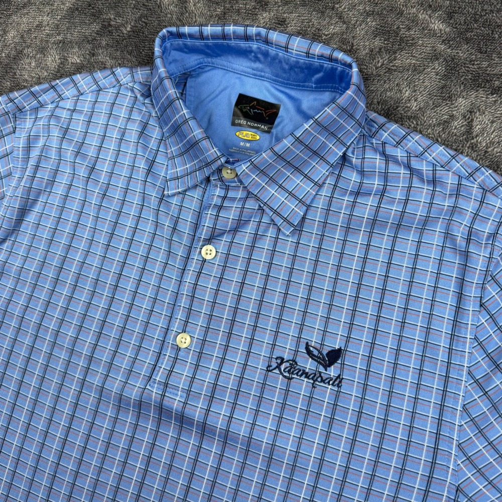Greg Norman Polo Shirt Mens M Blue Kaanapali Play Dry Plaid Golf Short Sleeve